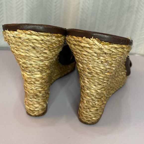 Michael Kors Chocolate Brown Leather Espadrille/Jute Wedge Sandals Size 10 - Picture 3 of 8